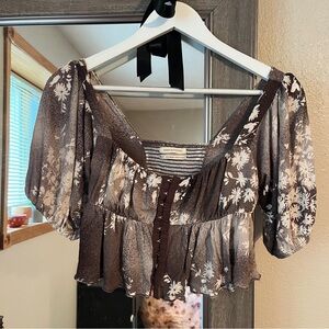 Urban Outfitters Brown Floral Blouse with Puffy Sleeves